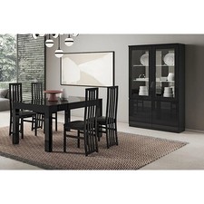 DEYTON - Ensemble Séjour Laqué Noir Table 190cm + Vitrine avec Leds
