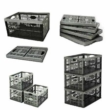 Plastique Plat Pliable Rangement Crates Boîtes Empilable 32 Litre Noir Gris