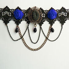 collier ras de cou choker dentelle noir fleurs bleu chaines gothique lolita