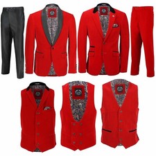 Hommes Rouge Velours Vintage 3 Pièce Costume Smoking Veste Blazer Noir Pantalon