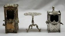  MAGNIFICENT 3 PIECE  1900 EUROPEAN SILVER & SP MINI SEDAN CHAIRS  & TABLE