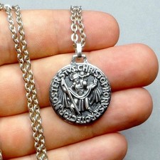 Saint Christopher. Antique Religious Silver Medal & Chain. Large Pendant by Py.