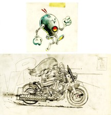 BENITO 2 DESSINS ORIGINAUX MOTO ET ROBOT POUR LA REVUE NITRO CRAYONS SUR CALQUE