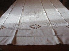 Drap N°414 ancien en fil de lin beau retour fleurs monogramme PB  243 X 307 Cm