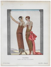 George BARBIER  "Vesper" Robe de WORTH 1922 Pochoir Art Déco GAZETTE DU BON TON