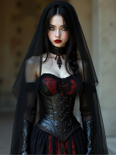 Photo 15×20 portrait gothique victorien – corset noir et rouge, voile et bijoux