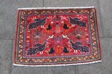 Vintage Main Fabriqué Traditionnel Oriental Laine Red Petit Tapis 55x84cm Oiseau