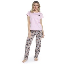 Femmes Chien Saucisse Pyjama Ensemble Rose Coton Haut & Gris Imprimé Bas