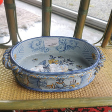 JARDINIERE de NEVERS Montagnon Ovale Bleue Ceramique Decor Floral 5MAG 17/09