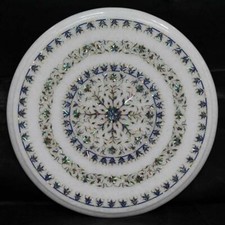 16 " Marbre Coin Table Artisanat Lapis Floral Inlay Demi Précieuses Pierres Work