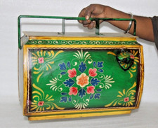 Boîte À Glace En Métal Antique Peinte Florale Verte Décorative Belle