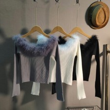 Femmes Tricot Haut Pull Bord Fausse Fourrure Épaule Tombante Décontracté Sexy