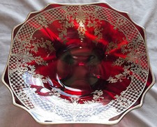 Coupe , Centre de table en verre rouge et argent massif overlay STERLING silver