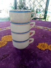 4 Tasses à Café anciennes Moulin des Loups Décor Liseré Bleu et Orange