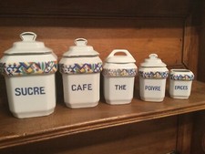 Vintage French Ceramic Kitchen CANISTER SET Pottery Retro Multi Color White 5