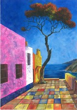 paysage moderne, tableau original A4 oeuvre acrylique