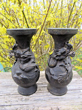 XIX - 2 Vases Japonais en Bronze - Décor Dragon relief - Asie Japon Haut 15,5 cm