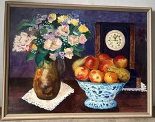Tableau Peinture Nature Morte Fleurs Et Pommes, Acrylique Sur Toile, Signé