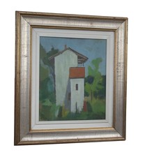 Peinture à l'huile sur faesite « Paysage avec ferme » par P. Leo