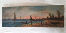 TABLEAU SUR PANNEAU BOIS PAYSAGE MARIN/BATEAU/PÊCHE/MOULIN-PEINTURE HUILE SIGNEE