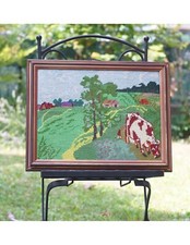 Carré Vintage Avec Broderie " Paysage Avec Vache "