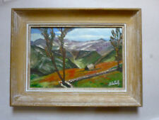 tableau, huile, paysage de montagne, champ de coquelicots, signé