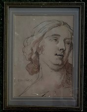 Tableau Ancien Encadré sous Verre-Dessin à l'Encre-Tête-Annotation à Gauche