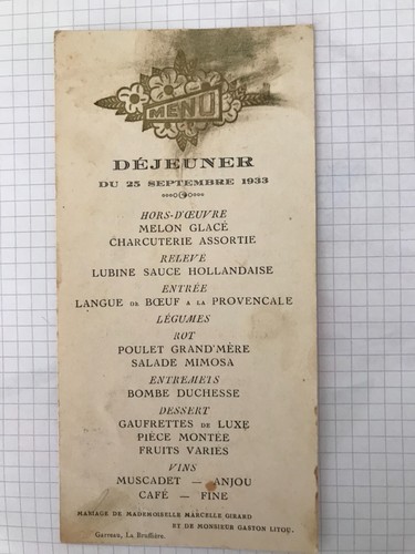 Menu ancien 9 1933 - menu, 25/9/1933