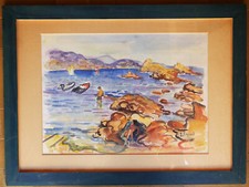 grand tableau aquarelle de Gérard Fagard (1938-2021): plage au Lavandou