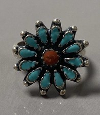 Belle ancienne bague argent turquoise  corail indien Navajo silver ring T52 Noel