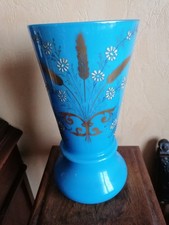 Ancien Grand Vase En Opaline Bleu décor Émaillé 19ème 