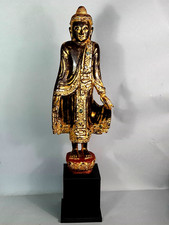Grand Bouddha ancien debout bois laqué & verroteries Birmanie / Myanmar C624