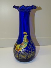 -JOLI ANCIEN VASE VERRE BLEU COBALT ELEGANT COQ émaillé émail LEGRAS VITRINE  D