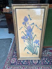 Tableau de fleurs et libéllules peintes sur tissu sous verre 1900