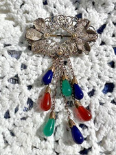 Broche ancienne perles pâte de verre tchèque filigrane argenté doré