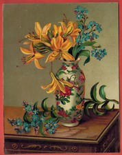 Ancien Chromo Vernis - Bouquet de Fleurs dans son Vase -15cm x 11,7cm - Réf.195
