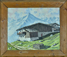 Grand Tableau ancien Paysage  Montagne Chalet Bois cadre trompe L'oeil Alpes 