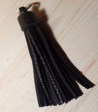 BIJOU DE SAC / PORTE-CLE BRELOQUE POMPON FRANGES - NOIR - CUIR - MADE IN FRANCE