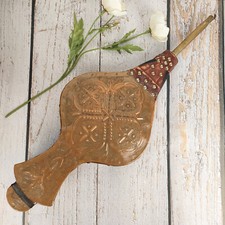 Gros soufflet de feu vintage français cuivre & bois et laiton cuir Art Populaire