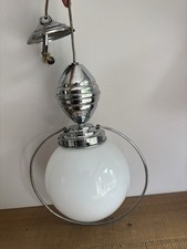 Lampe/Luminaire/Suspension En Métal Chromé Globe Opaline Art Déco Vintage