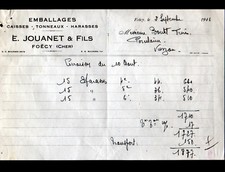 FOECY (18) USINE d'EMBALLAGES / CAISSES TONNEAUX HARASSES "E. JOUANET" en 1943