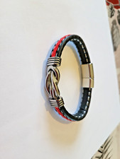 Bracelet Homme tresse Cuir rouge fermoir aimant acier inoxydable 22.5 cm