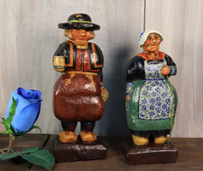 Ancien Couple Femme Homme Statue en Bois Sculpté Main Breton Polychrome Peint