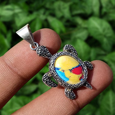 Pendentif tortue pierre précieuse jaspe mosaïque jaune plaqué argent 925...