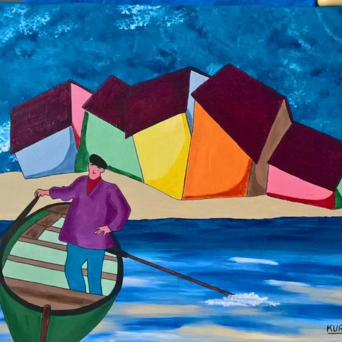 Tableau naif pêcheur - ,