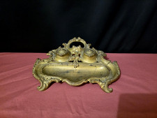 Encrier ancien en métal doré double godets en verre - Début XXe