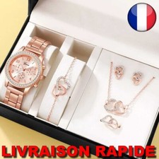 ✅ Montre Bracelet Collier Bague Boucle D'oreille Rose Femme Bijoux Cadeau Quartz