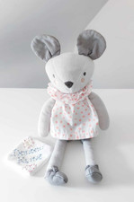 Peluche/Doudou Souris Gris Robe/T-Shirt Blanc Rose Pois 30cm - Tape À L'oeil TAO