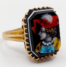 Bague art nouveau Limoges or 14k plaque émaillée au gentilhomme (circa 1910)