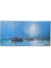 Tableau Ancien Marine Signé Mafonso Virgile- Voiliers Sous La Lune